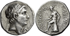 Tetradrachm, Ecbatana circa 161-150, AR 25 mm, 16.72 g. Diademed head of Demetrius I r.; in r. field, horse head r. Fillet border. Rev. BAΣΙΛΕΩ[Σ] – [...