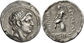 Tetradrachm, Ecbatana circa 161-150, AR 29 mm, 16.93 g. Diademed head of Demetrius I r. Fillet border. Rev. BAΣΙΛΕΩΣ – [Δ]HMHTP[IOY] – [Σ]ΩTHPOΣ Apoll...