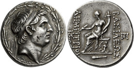 Tetradrachm, Tarsus circa 155-150, AR 29 mm, 17.00 g. Diademed head of Demetrius I r., with lean features but sagging flesh under chin. Laurel wreath ...