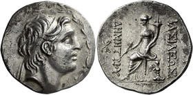 Tetradrachm, uncertain mint circa 155-150, AR 30 mm, 16.76 g. Diademed head of Demetrius I r., with flesh features and thick neck, two hornlike locks ...