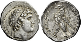 Tetradrachm, Sidon 150-149 (year 163), AR 27 mm, 14.09 g. Diademed head of Alexander I r. Dotted border. Rev. BAΣIΛEΩΣ – AΛEΞANΔΡOΥ Eagle, with closed...