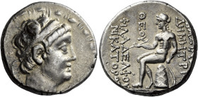 Tetradrachm, Barbarous imitation based on Western prototype 145-144 (year 168), AR 25 mm, 16.53 g. Diademed head of Demetrius II r. Fillet border. Rev...