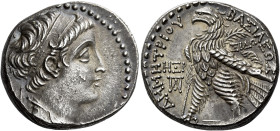 Tetradrachm, Sidon 145-144 (year 168), AR 26 mm, 14.05 g. Diademed and draped bust of Demetrius II r. Dotted border. Rev. BAΣIΛEΩΣ – ΔHMHTPIOY Eagle, ...