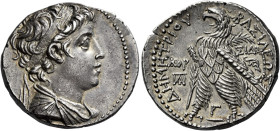 Tetradrachm, Sidon 142-141 (year 171), AR 27 mm, 13.87 g. Diademed and draped bust of Demetrius II r. Dotted border. Rev. BAΣIΛEΩΣ – ΔHMHTPIOY Eagle, ...