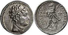 Tetradrachm, Ake-Ptolemaïs 144-143 (year 169), AR 27 mm, 13.54 g. Diademed and draped bust of Antiochus VI r. Dotted border. Rev. ΒΑΣΙΛΕΩΣ – ANTIOXOY ...