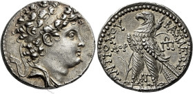 Tetradrachm, Ake-Ptolemaïs 142-141 (year 171), AR 26 mm, 14.16 g. Diademed and draped bust of Antiochus VI r. Dotted border. Rev. ΒΑΣΙΛΕΩΣ – ANTIOXOY ...