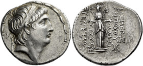 Tetradrachm, Mallus circa 138-129, AR 32 mm, 16.82 g. Diademed head of Antiochus VII r.; behind, M. Fillet border. Rev. ΒΑΣΙΛΕΩΣ – ΑΝΤΙΟΧΟY – EYEPΓETO...
