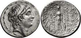 Tetradrachm, Sidon 137-136 (year 176), AR 31mm, 15.74 g. Diademed head of Antiochus VII r. Fillet border. Rev. BAΣIΛEΩΣ – ANTIOXOY – EYE – PΓETOY Athe...