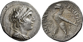 Tetradrachm, Sidon 137-136 (year 176), AR 30 mm, 14.09 g. Diademed and draped bust of Antiochus VII r. Dotted border. Rev. BAΣIΛEΩΣ – ANTIOXOY Eagle, ...