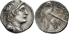 Tetradrachm, Sidon 137-136 (year 176), AR 27 mm, 14.17g. Diademed and draped bust of Antiochus VII r. Dotted border. Rev. BAΣIΛEΩΣ – ANTIOXOY Eagle, w...