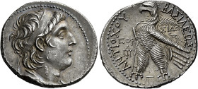 Tetradrachm, Sidon 137-136 (year 176), AR 31 mm, 13.96 g. Diademed and draped bust of Antiochus VII r. Dotted border. Rev. BAΣIΛEΩΣ – ANTIOXOY Eagle, ...