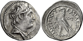 Tetradrachm, Ake-Ptolemaïs 136-135 (year 177), AR 32 mm, 14.05 g. Diademed and draped bust of Antiochus VII r. Dotted border. Rev. BAΣIΛEΩΣ – ANTIOXOY...