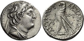 Tetradrachm, Ake-Ptolemaïs 136-135 (year 177), AR 29 mm, 14.12 g. Diademed and draped bust of Antiochus VII r. Dotted border. Rev. BAΣIΛEΩΣ – ANTIOXOY...