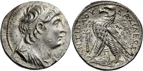 Tetradrachm, Tyre 134-133 (year 179), AR 29 mm, 14.42 g. Diademed and draped bust of Antiochus VII r. Dotted border. Rev. BAΣIΛEΩΣ – ANTIOXOY Eagle, w...