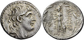 Tetradrachm, Tyre 131-130 (year 182), AR 32 mm, 13.71 g. Diademed head of Antiochus VII r. Fillet border. Rev. BAΣIΛEΩΣ – ANTIOXOY EYEP – ΓETOY Athena...