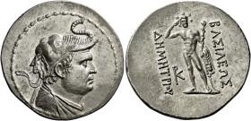 Tetradrachm circa 200-185, AR 35 mm, 17.04 g. Diademed and draped bust of Demetrius I r., wearing elephant skin headdress. Fillet border. Rev. BAΣIΛEΩ...