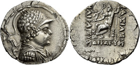 Tetradrachm circa 145-130, AR 30 mm, 14.63 g. Diademed, draped, and cuirassed bust of Heliocles r., wearing crested helmet covered with pelt of scales...
