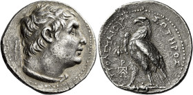 Tetradrachm Ephesus circa 245, AR 29 mm, 13.17 g. Rev. Diademed head of Ptolemy III r., wearing aegis. Dotted border. Rev. ΠTOΛEMAIOY – ΣΩΤΗΡΟΣ Eagle,...