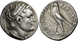 Tetradrachm, uncertain mint in Asia Minor circa 245-222, AR 26 mm, 13.94 g. Diademed head of Ptolemy III r., wearing aegis. Dotted border. Rev. BAΣIΛE...