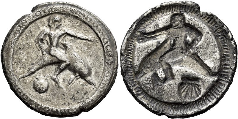 Calabria, Tarentum 

Nomos circa 510-450, AR 27 mm, 7.46 g. TARAS retrograde D...