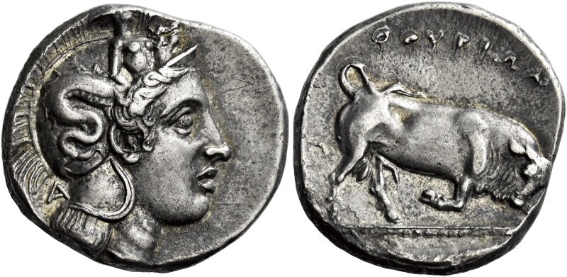 Thurium 

Nomos circa 375-350, AR 22 mm, 7.69 g. Head of Athena r., wearing At...