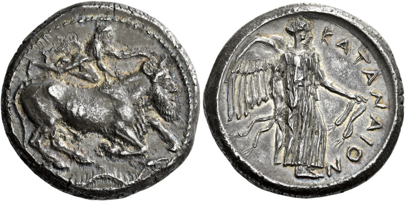 Catana 

Tetradrachm circa 465-450, AR 26 mm, 16.68 g. The river-God Amenanos ...