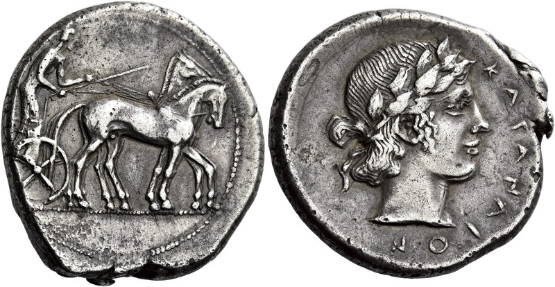 Catana 

Tetradrachm circa 450-445, AR 28 mm, 17.16 g. Slow quadriga driven r....