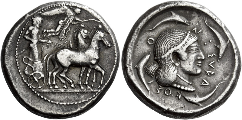 Syracuse 

Tetradrachm circa 485-480, AR 26 mm, 17.12 g. Slow quadriga driven ...