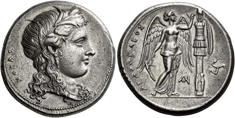 Syracuse 

Tetradrachm circa 310-305, AR 27 mm, 17.04 g. KOPAΣ Head of Kore-Pe...