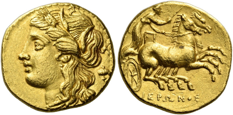 Syracuse 

Decadrachm circa 269-263, AV 15 mm, 4.22 g. Head of Kore-Persephone...
