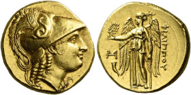 Philip III Arridhaeus, 323 – 316 

Stater, Abydus circa 323-316, AV 18 mm, 8.59 g. Head of Athena r., wearing crested Corinthian helmet decorated wi...