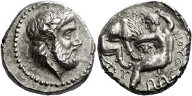 Kings of Paeonia, Lycceius 356 – 335 

Tetradrachm 356-335, AR 22 mm, 12.51 g. Laureate head of Zeus r. Rev. ΛYKK – EIOY Heracles strangling the Nem...