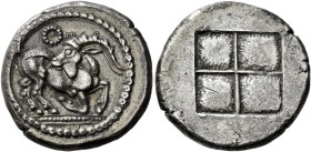 The Krestonians or Mygdonians 

Stater circa 485-480, AR 23 mm, 9.55 g. Goat kneeling r., head reverted; above, dotted Θ. Rev. Quadripartite incuse ...