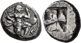 Uncertain mint

Didrachm circa 530-520, AR 20 mm, 8.34 g. Winged demon running r.; in upper l. and in lower r. field, flowers. Dotted border. Rev. Q...