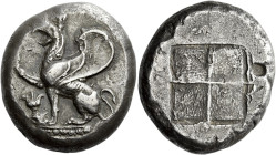 Thrace, Abdera 

Octodrachm circa 500-475, AR 28 mm, 28.88 g. Griffin seated l. with r. forepaw raised; below to l., lotus flower. Rev. Quadripartit...
