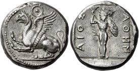 Thrace, Abdera 

Tetradrachm circa 363, AR 23 mm, 12.86 g. Griffin seated l. with forepaws raised; above, patera. Rev. ΑΘΗΝ – ΑΙΟΣ Athena standing f...