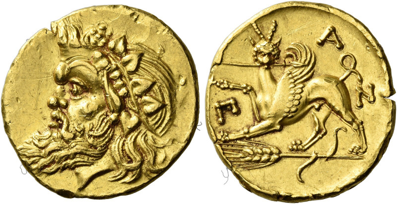 Panticapaeum 

Stater circa 340-325, AV 22 mm, 9.10 g. Bearded head of Pan l.,...