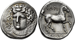 Thessaly, Larissa 

Didrachm 350-300, AR 24 mm, 12.28 g . Head of the nymph Larissa facing three-quarters l., wearing ampyx, earring and necklace. R...