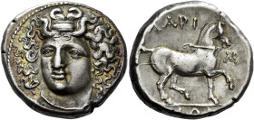 Thessaly, Larissa 

Didrachm 350-300, AR 22 mm, 12.08 g . Head of the nymph Larissa facing three-quarters l., wearing ampyx, earring and necklace. R...