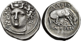Thessaly, Larissa 

Drachm mid-late 4th century, AR 19 mm, 6.12 g. Head of nymph Larissa facing three-quarters l. Rev. ΛΑΡΙΣ / ΑΙΩΝ Horse grazing r....