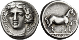 Thessaly, Larissa 

Drachm circa 348-336, AR 19 mm, 5.97 g. Head of nymph Larissa facing three quarters l., wearing ampyx; hair floating freely abov...