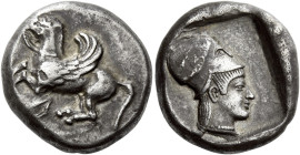 Acarnania, Leucas 

Corinthian stater circa 475, AR 19 mm, 8.53 g. Bridled Pegasus flying l.; below, Λ. Rev. Head of Athena r., wearing Corinthian h...