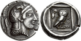 Attica, Athens 

Didrachm circa 460, AR 20 mm, 8.48 g. Head of Athena r., wearing Attic helmet decorated with palmettes. Rev. ΑΘΕ Owl standing r. wi...