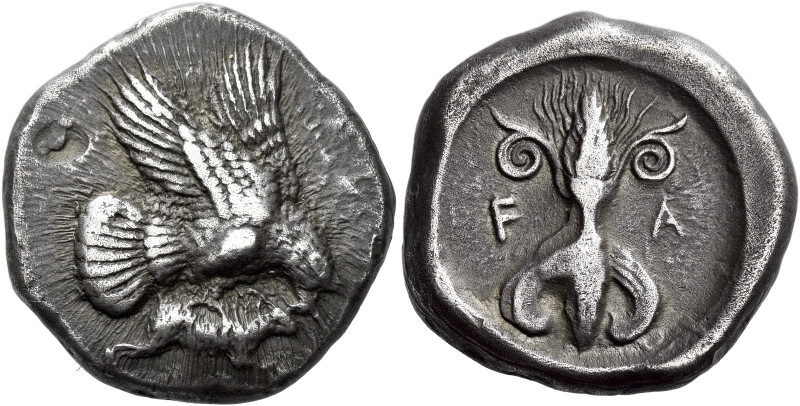 Elis, Olympia 

Stater circa 450-440 BC, AR 22 mm, 12.18 g. Eagle flying r., g...