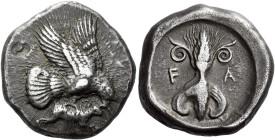 Elis, Olympia 

Stater circa 450-440 BC, AR 22 mm, 12.18 g. Eagle flying r., grasping snake with its talons and its beak. Rev. F – A Thunderbolt wit...