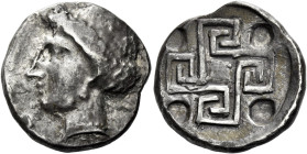Crete, Cnossus 

Stater circa 360-320, AR 23 mm, 10.70 g. Head of Demeter or Ariadne l., wearing wreath of grain, earring, and necklace; below neck....