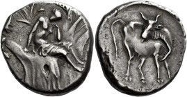 Gorthyna 

Stater circa 300, AR 24 mm, 11.83 g. Europa, naked to waist and wearing a peplos over her lower limbs, seated three-quarters r. in plane ...