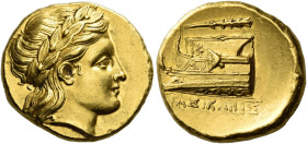 Bithynia, Cius 

Stater, magistrate Agasikles circa 340-330, AV 17 mm, 8.59 g. Laureate head of Apollo r. Rev. ΑΓΑΣΙΚΛΗΣ Prow of galley l., decorate...