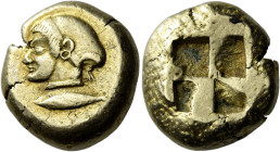 Mysia, Cyzicus 

Stater circa 500-450, EL 20 mm, 16.11 g. Female head l., wearing circular earring and necklace, hair bound in sphendone, below, tun...