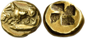 Mysia, Cyzicus 

Hecte circa 500-450, EL 11 mm, 2.68 g. Cerberus l.; below, tunny fish l. Rev. Quadripartite incuse square. Greenwell 141. SNG von A...